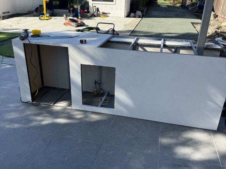 Built-in barbecue island during rough construction for the Danville covered patio project.