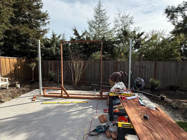 Detached patio cover and outdoor fireplace framing during construction in Danville.