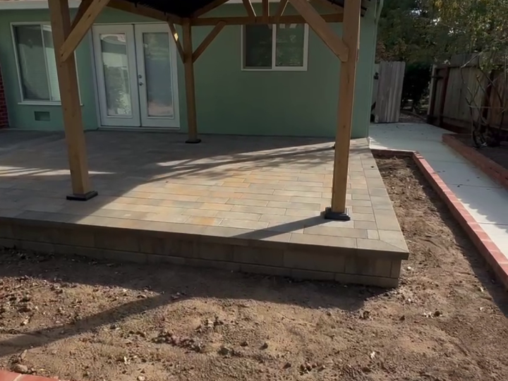 Close front view of the Martinez wood gable patio cover and paver patio by FG Pavers and Turf.